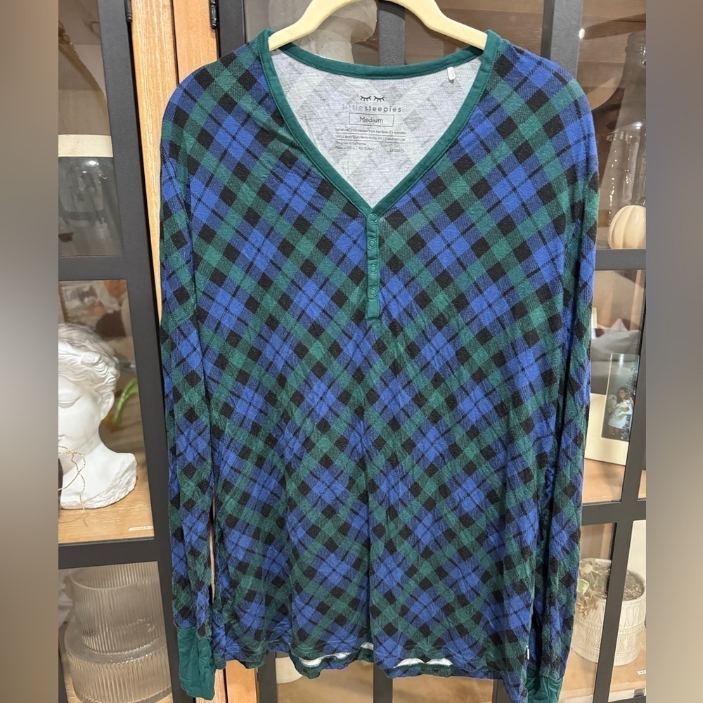 Little Sleepies emerald plaid henley long sleeve pajamas top bamboo LS
